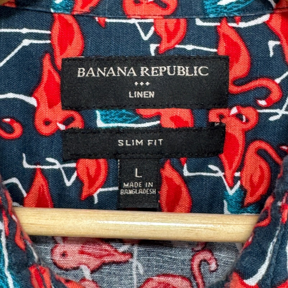 Banana Republic Linen Button Shirt Large Slim Navy Red Flamingo All Over Print - Picture 5 of 9